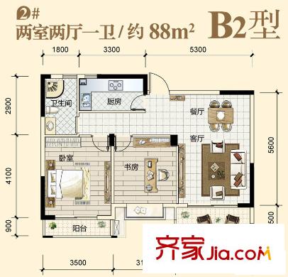 润泽大院中庆二期户型-B2 2室2厅1卫
