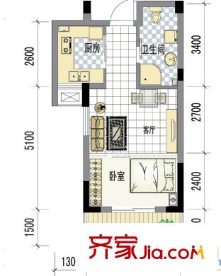 南岸花城E户型 1室1厅1卫1厨