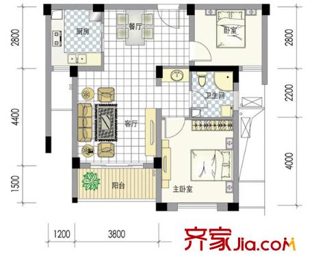 南岸花城G3户型 2室2厅1卫1厨