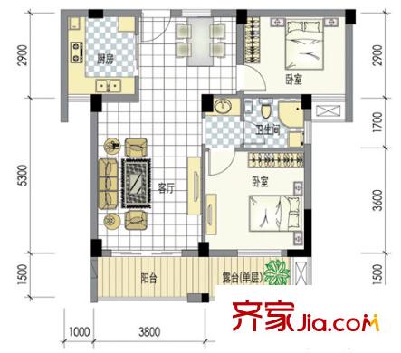 南岸花城G2户型 2室2厅1卫1厨
