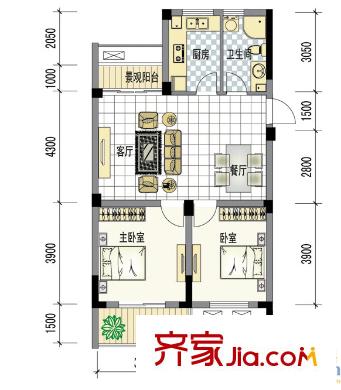 南岸花城I户型 2室2厅1卫1厨