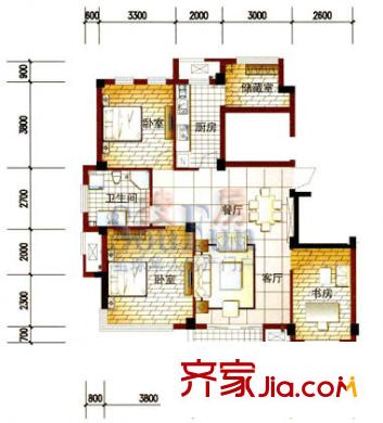 金湖湾116方户型 3室2厅1卫1厨