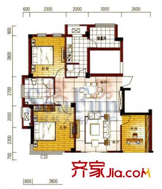 金湖湾116方户型 3室2厅1卫1厨