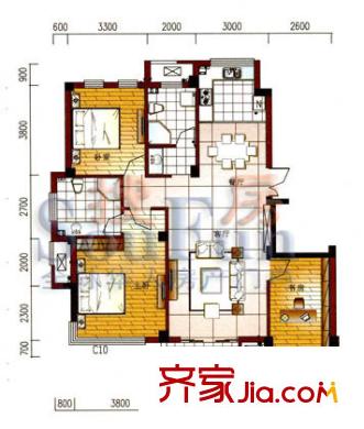 金湖湾125方户型 3室2厅2卫1厨