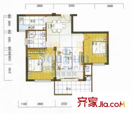 金湖湾99方户型 2室2厅1卫1厨