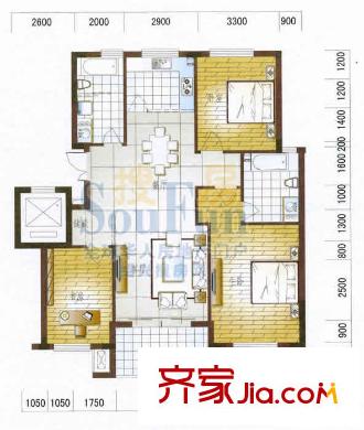 金湖湾130方户型 3室2厅2卫1厨
