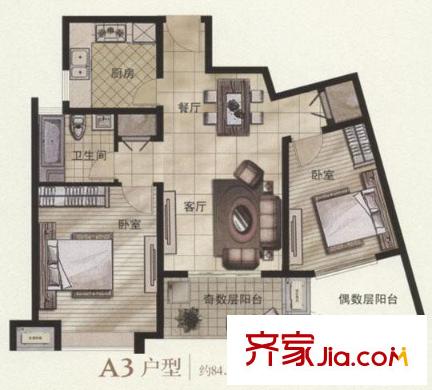 宝业大坂风情户型图 2室2厅1卫