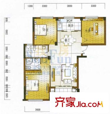 金湖湾120方户型 3室2厅2卫1厨
