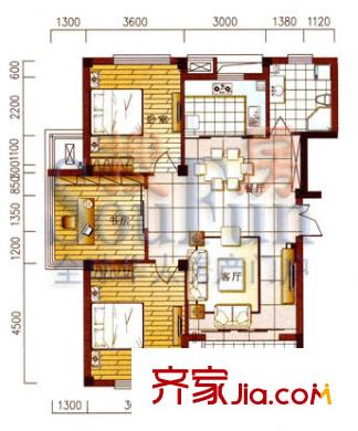 金湖湾117方户型 3室2厅1卫1厨