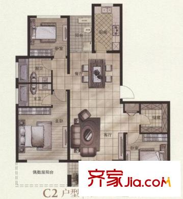 宝业大坂风情户型图 3室2厅2卫