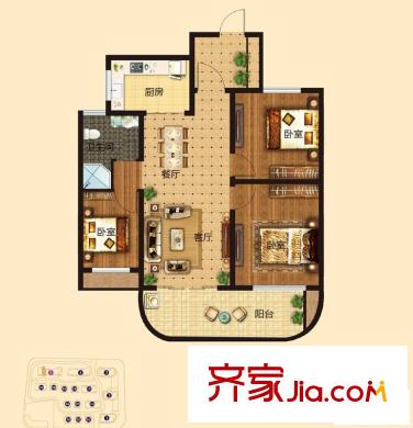 沁芳名苑A3户型 3室2厅1卫1厨