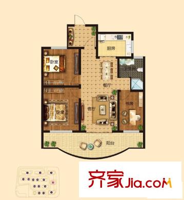 沁芳名苑A1户型 3室2厅1卫1厨