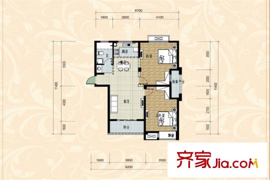 国际华城四期G1户型103方 2室2厅1卫1厨