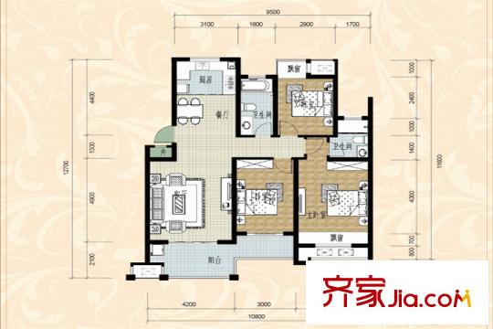 国际华城四期B2户型110方 3室2厅1厨