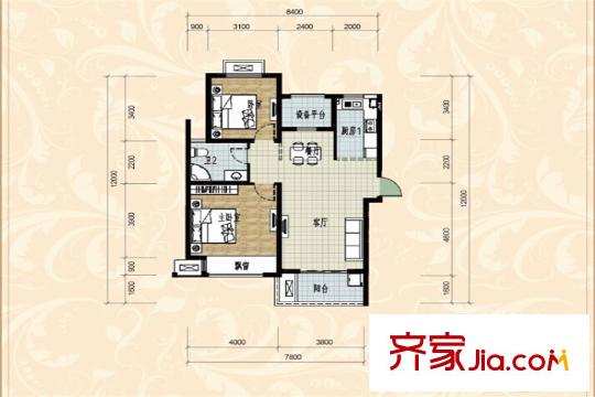 国际华城四期F户型101方 2室2厅1卫1厨