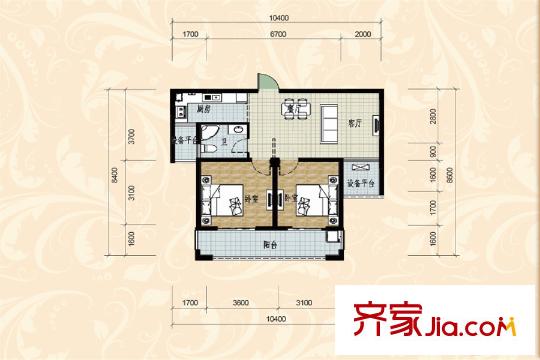 国际华城四期E户型86方 2室2厅1卫1厨