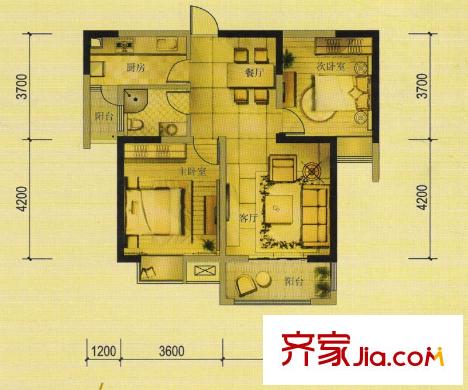 茗香苑户型图1#楼A户型 2室2厅1卫1厨