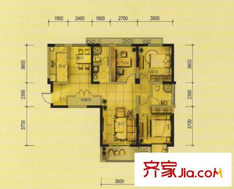 茗香苑户型图1#楼B户型 3室2厅1卫1厨