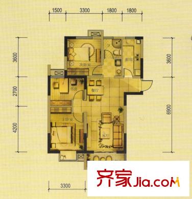 茗香苑户型图2#楼D户型 2室2厅1卫1厨