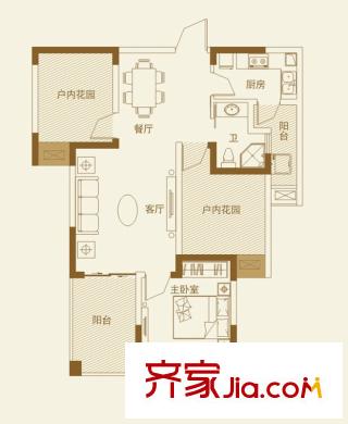 七里香榭户型图B2户型 3室2厅1卫1厨