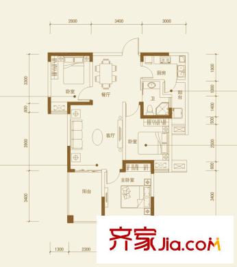 七里香榭户型图B2(装修户型建议) 3室2厅1卫1厨