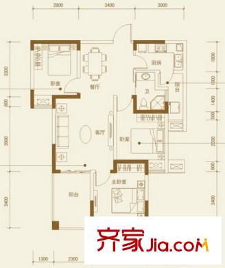 七里香榭户型图83平米三房 3室2厅1卫1厨