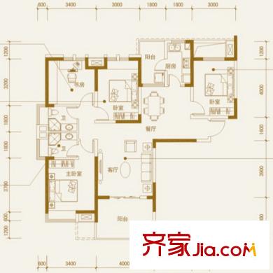 七里香榭户型图107平米四房 4室2厅2卫1厨