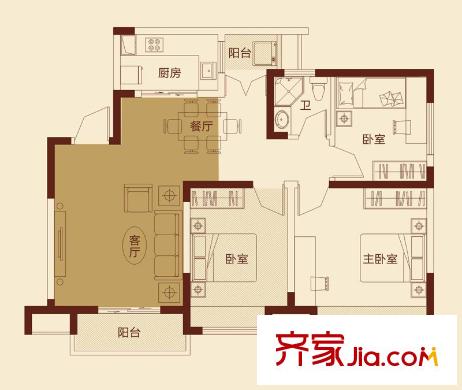 七里香榭户型图6#楼01户型 3室2厅