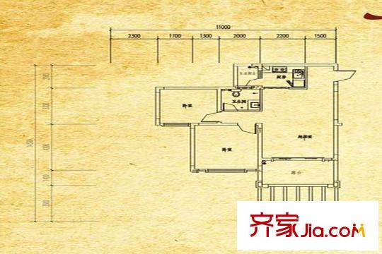 木里小镇一期6号楼标准层建面76.49平米户型 2室2厅1卫1厨