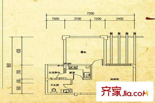 木里小镇一期6号楼标准层建面34.47平米户型 1室1厅1卫1厨