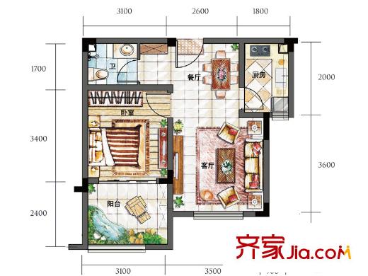 夏宫云岭15/16/17/18栋标准层E1户型 1室2厅1卫1厨