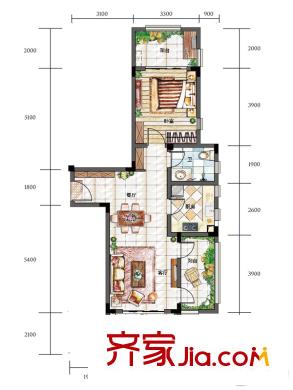 夏宫云岭15/16/17/18栋标准层E3户型 1室2厅1卫1厨