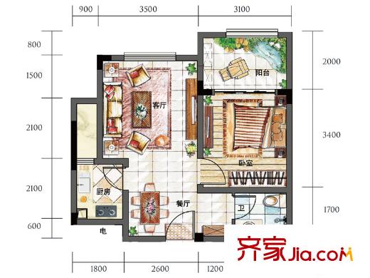 夏宫云岭15/16/17/18栋标准层E2户型 1室2厅1卫1厨