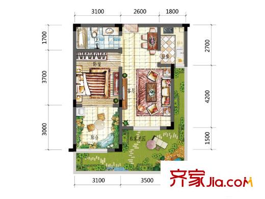 夏宫云岭19/20/21栋标准层H1户型 1室2厅1卫1厨