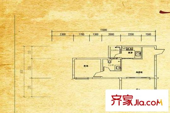 木里小镇一期6号楼标准层建面44.78平米户型 1室1厅1卫1厨