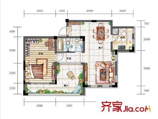 夏宫云岭15/16/17/18栋标准层E8户型 1室2厅1卫1厨