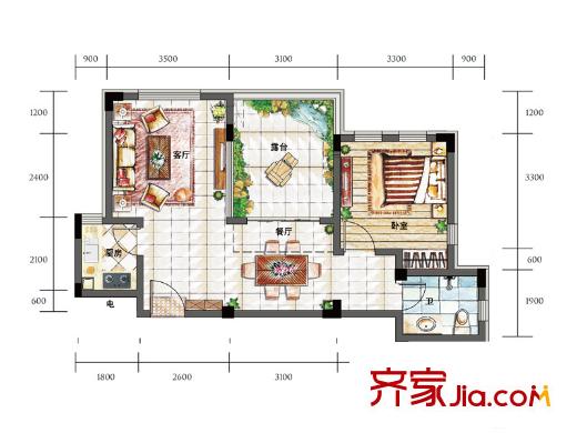 夏宫云岭15/16/17/18栋标准层E9户型 1室2厅1卫1厨