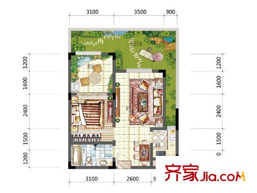 夏宫云岭19/20/21栋标准层H2户型 1室2厅1卫1厨