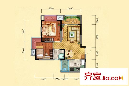 力帆翡翠郡一期高层1-3号楼标准层T4户型 2室2厅1卫1厨