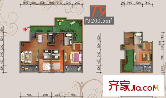 中渝山顶道8号户型图一期T9户型(5层洋房) 4室2厅4卫1厨