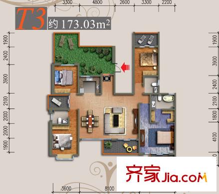 中渝山顶道8号户型图一期T3户型(5层洋房) 4室2厅2卫1厨