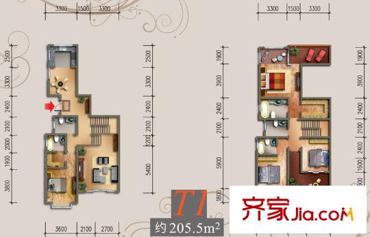 中渝山顶道8号户型图一期T1户型(5层洋房) 4室2厅4卫1厨