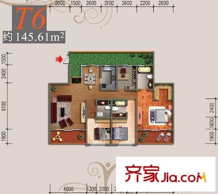中渝山顶道8号户型图一期T6户型(5层洋房) 3室2厅3卫1厨