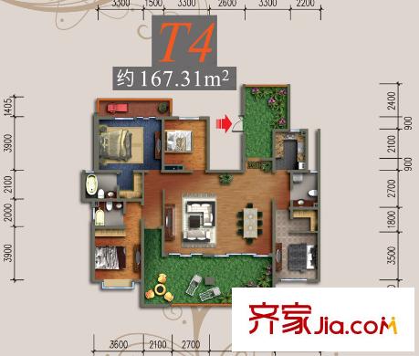 中渝山顶道8号户型图一期T4户型(5层洋房) 3室2厅3卫1厨