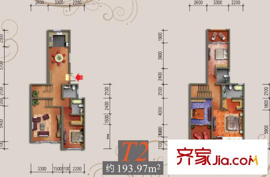 中渝山顶道8号户型图一期T2户型(5层洋房) 4室2厅4卫1厨