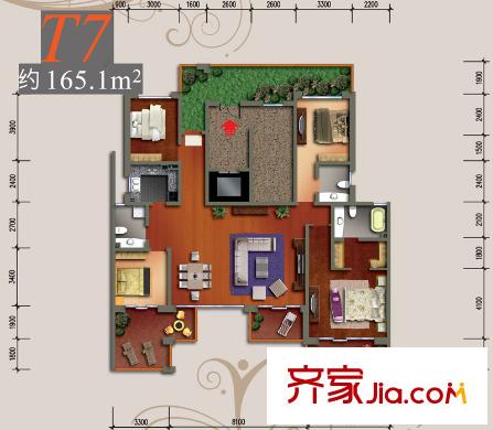 中渝山顶道8号户型图一期T7户型(5层洋房) 4室2厅3卫1厨