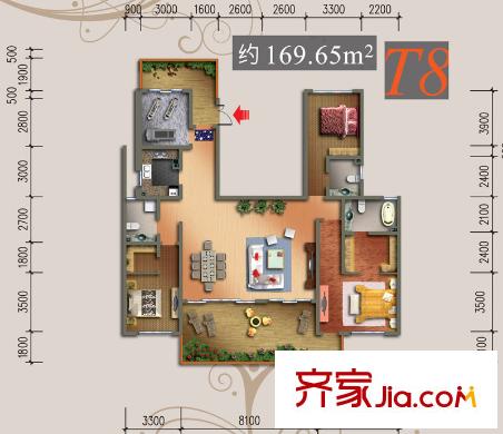 中渝山顶道8号户型图一期T8户型(5层洋房) 3室2厅3卫1厨