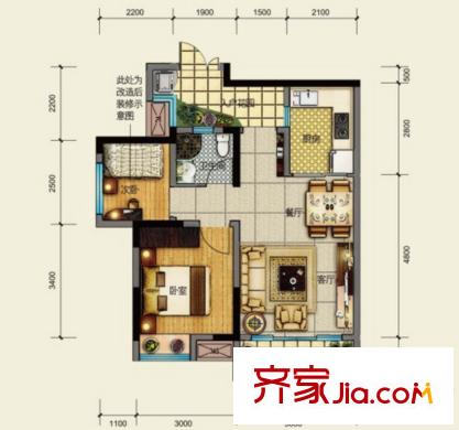 璧山同景国际城户型图一期5号楼标准层1/8号房G6户型 2室2厅1卫1厨