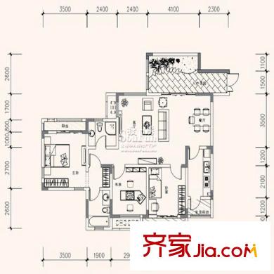 隆鑫花漾湖户型图G户型 3室2厅2卫1厨