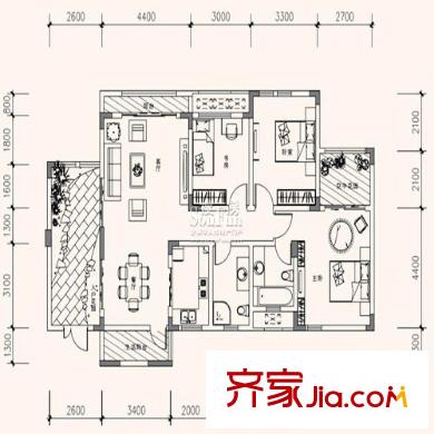 隆鑫花漾湖户型图E户型 3室2厅2卫1厨